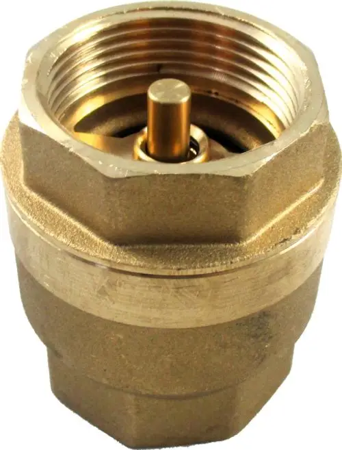 Rückschlagventil aus Messing mit Innengewinde, zeigt die Markierung „Wolf“. Das Produkt hat eine zylindrische Form und eine zentrale Federmechanik zur Rückflussverhinderung.